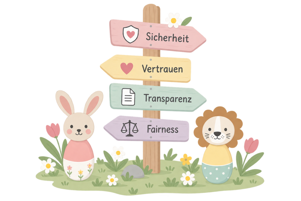 Wegweiser für Sicherheit, Vertrauen, Transparenz und Fairness mit Boopi Hase und Löwe