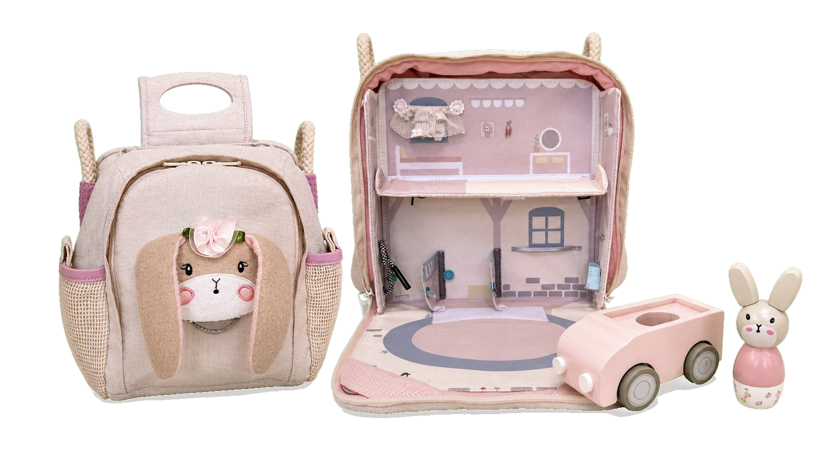 Pinker Rucksack mit Hasen-Patch, Puppenhaus-Spielwelt sowie Hasenfigur und pinkem Fahrzeug