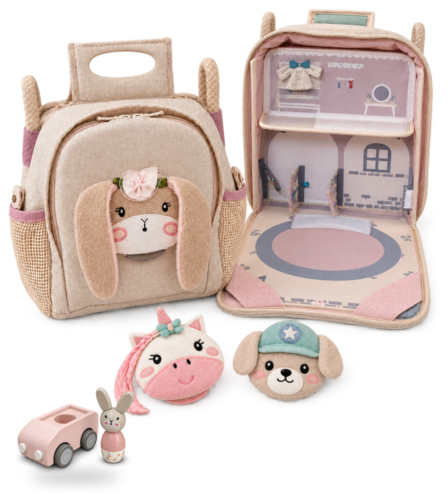 Pinker Boopi Rucksack mit Hasen-Charakter, Spielwelt und Autospielzeug